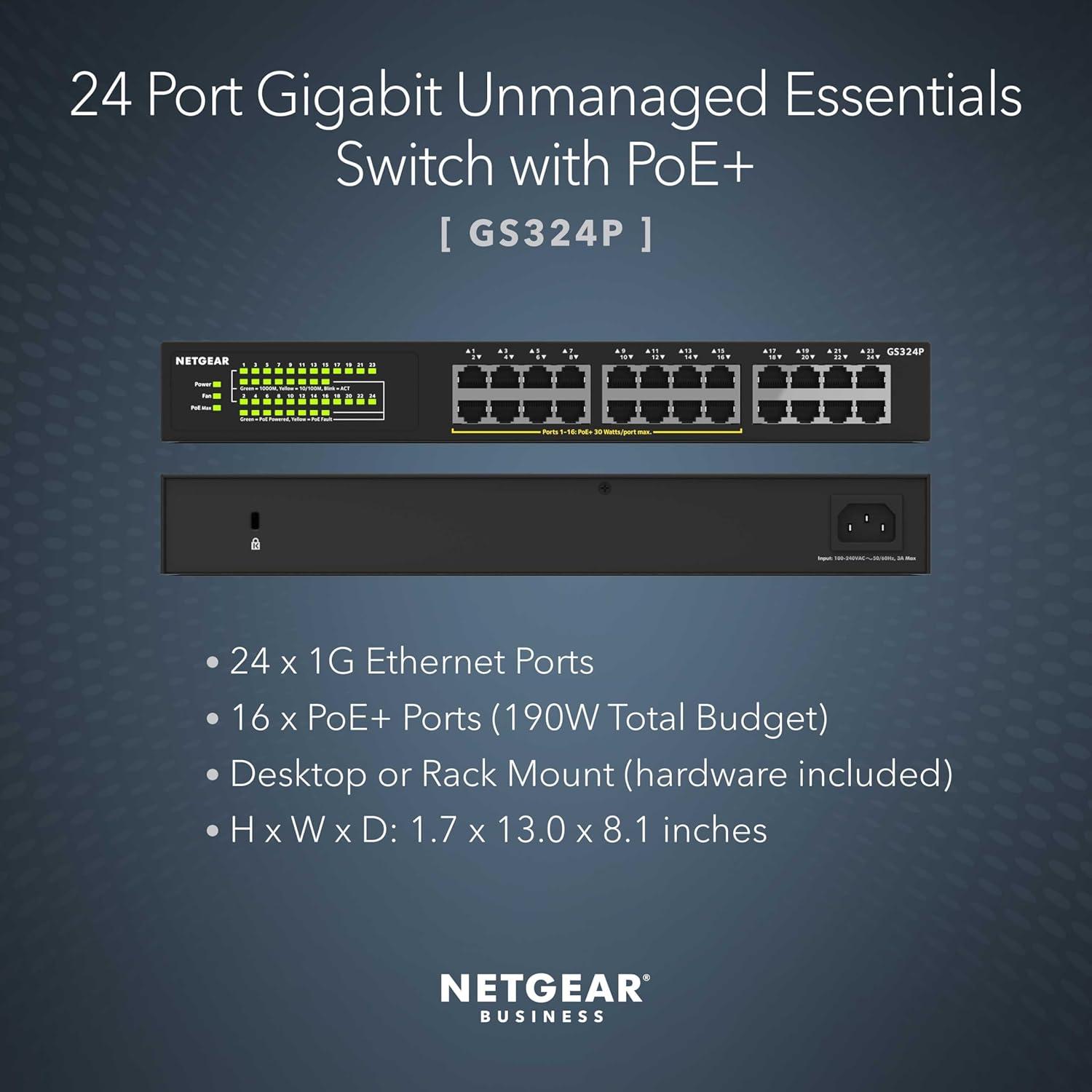 image:imageNETGEAR 16Port PoE Gigabit Ethernet Unmanaged Essentials Switch GS316P with 16 x PoE 115W Desktop or Wall MountUnmanaged