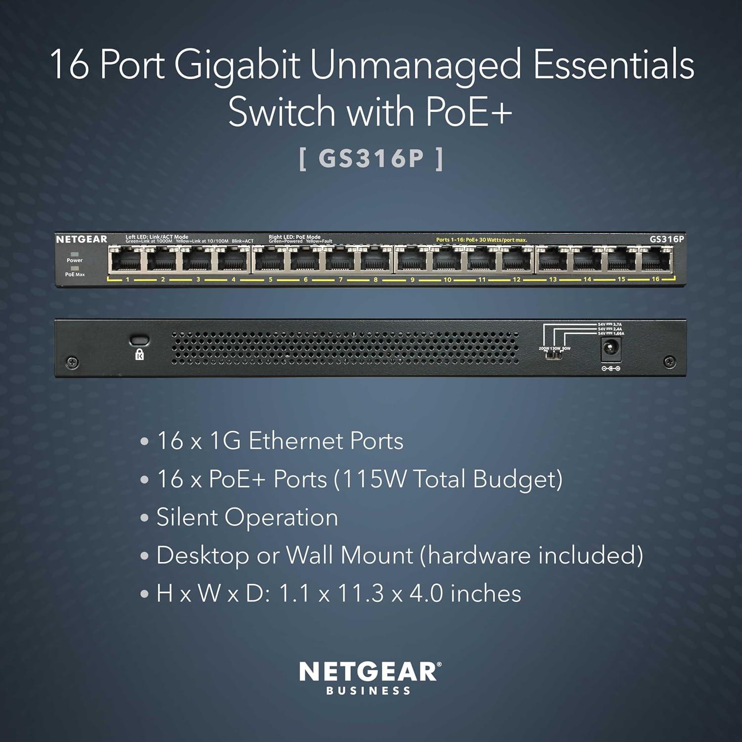 image:imageNETGEAR 16Port PoE Gigabit Ethernet Unmanaged Essentials Switch GS316P with 16 x PoE 115W Desktop or Wall MountUnmanaged