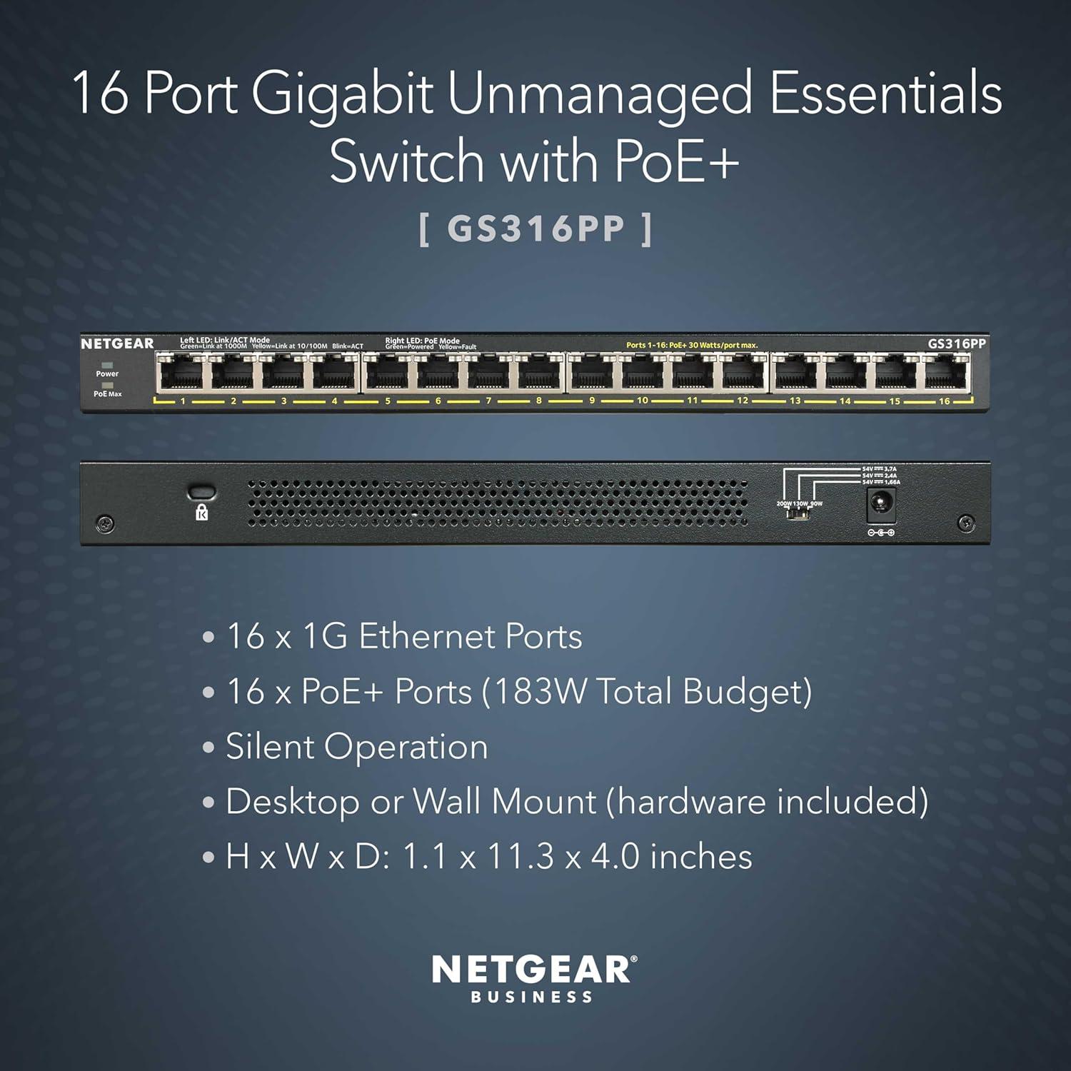 image:imageNETGEAR 16Port PoE Gigabit Ethernet Unmanaged Essentials Switch GS316P with 16 x PoE 115W Desktop or Wall MountUnmanaged