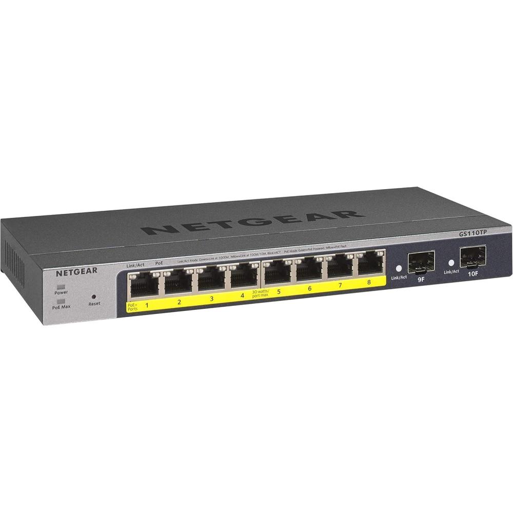 image:imageNETGEAR 10Port PoE Gigabit Ethernet Smart Switch GS110TP  Managed with 8 x PoE  55W 2 x 1G SFP Optional Insight Cloud Management Desktop or Wall Mount and Limited Lifetime Protection8 Port