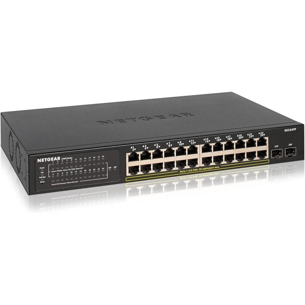 image:imageNETGEAR 26Port PoE Gigabit Ethernet Smart Switch GS324TP  Managed with 24 x PoE  190W 2 x 1G SFP Desktop or Rackmount S350 Series26 port  24xPoE 190W  2xSFP
