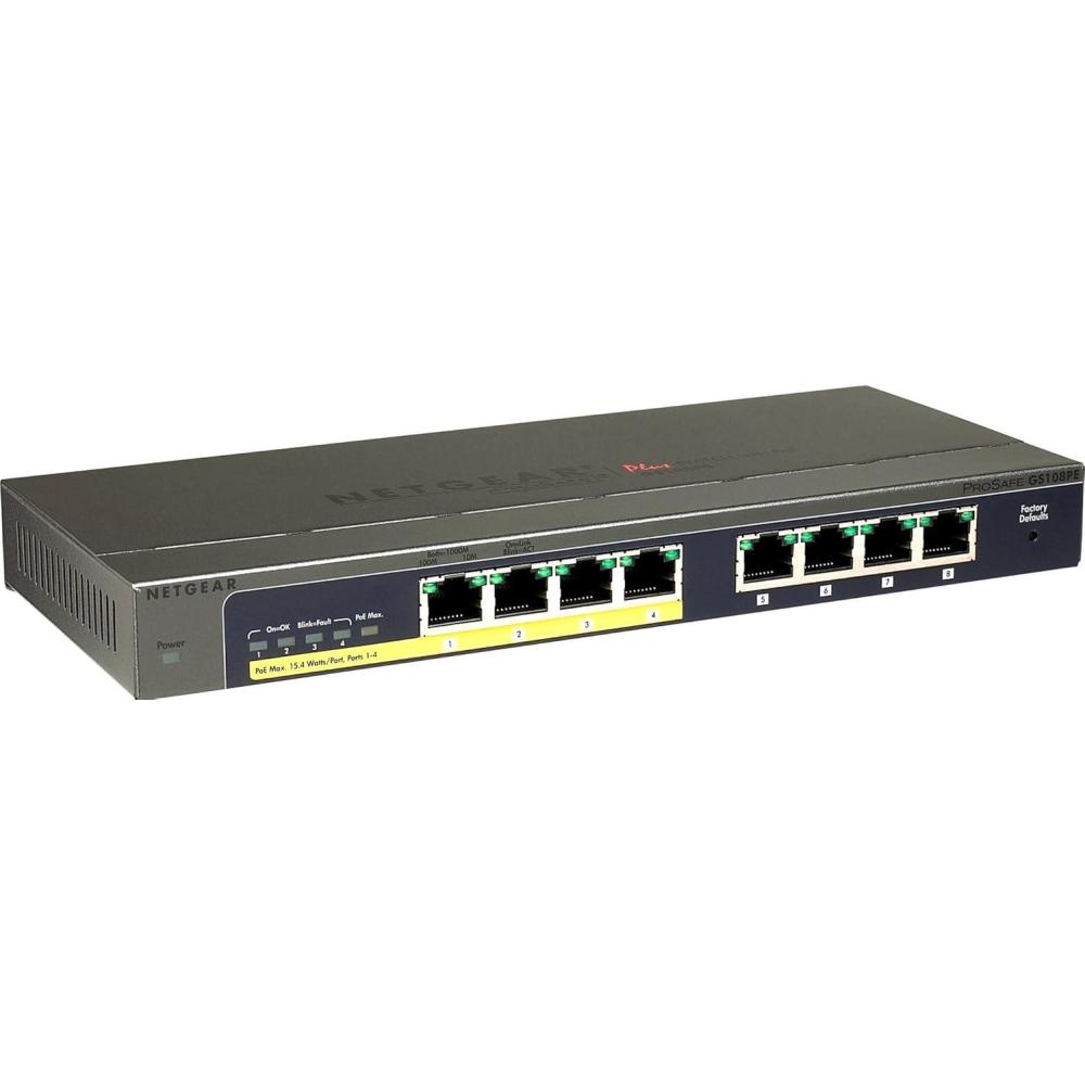 image:imageNETGEAR ProSAFE GS108PE 8Port Gigabit Web Managed Plus PoE Switch 4 PoE Ports 45W GS108PE100NAS