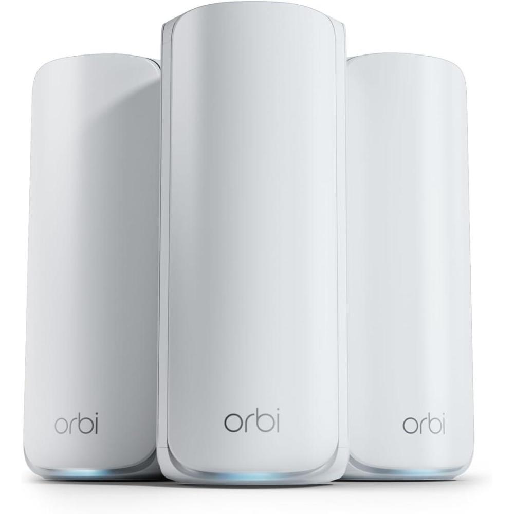 image:imageNETGEAR Orbi 770 Series TriBand WiFi 7 Mesh Network System RBE773  Router  2 Satellite Extenders Security Features Up to 11Gbps Covers up to 8000 sq ft 100 Devices 25 Gig Internet PortWiFi 7  3Pack
