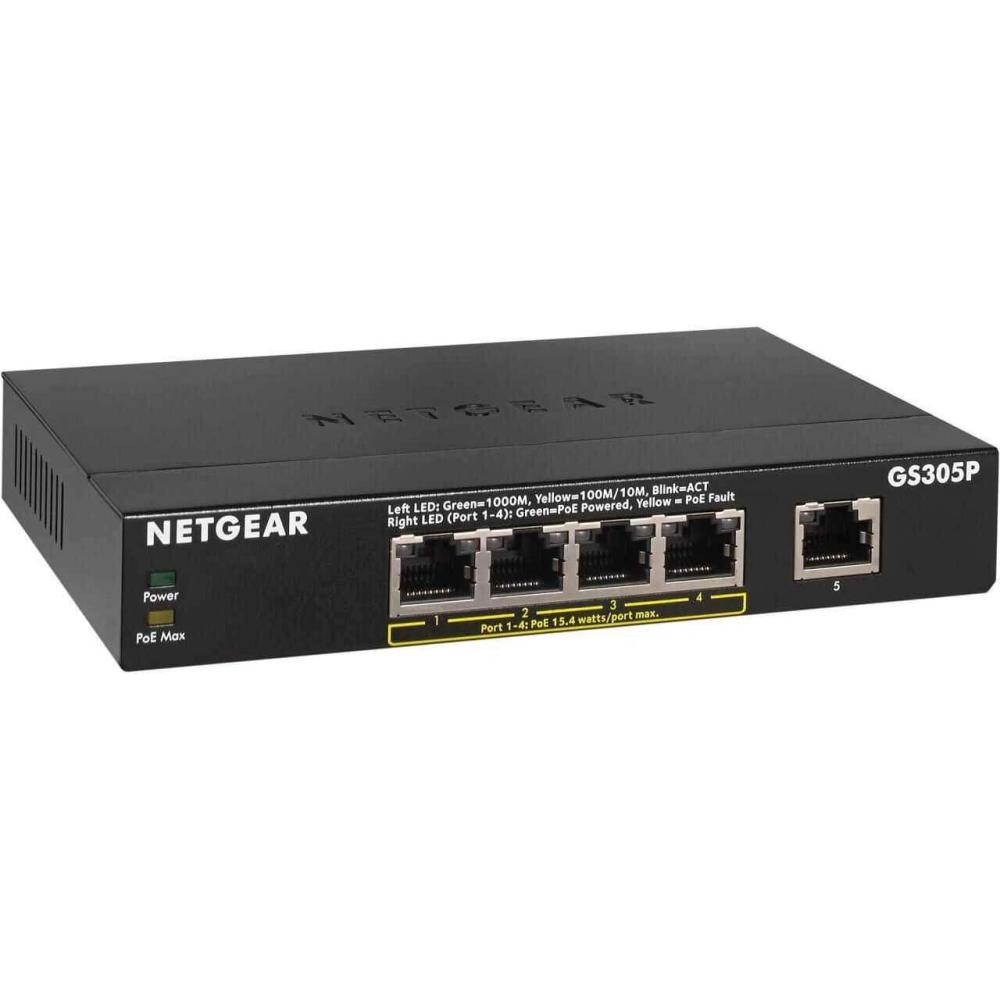 image:imageNetgear GS305P100NAS 5Port Gigabit Ethernet Unmanaged Switch Desktop 555W 4xPoE Sturdy Metal Fanless PlugandPlay5 port  4xPoE 55W