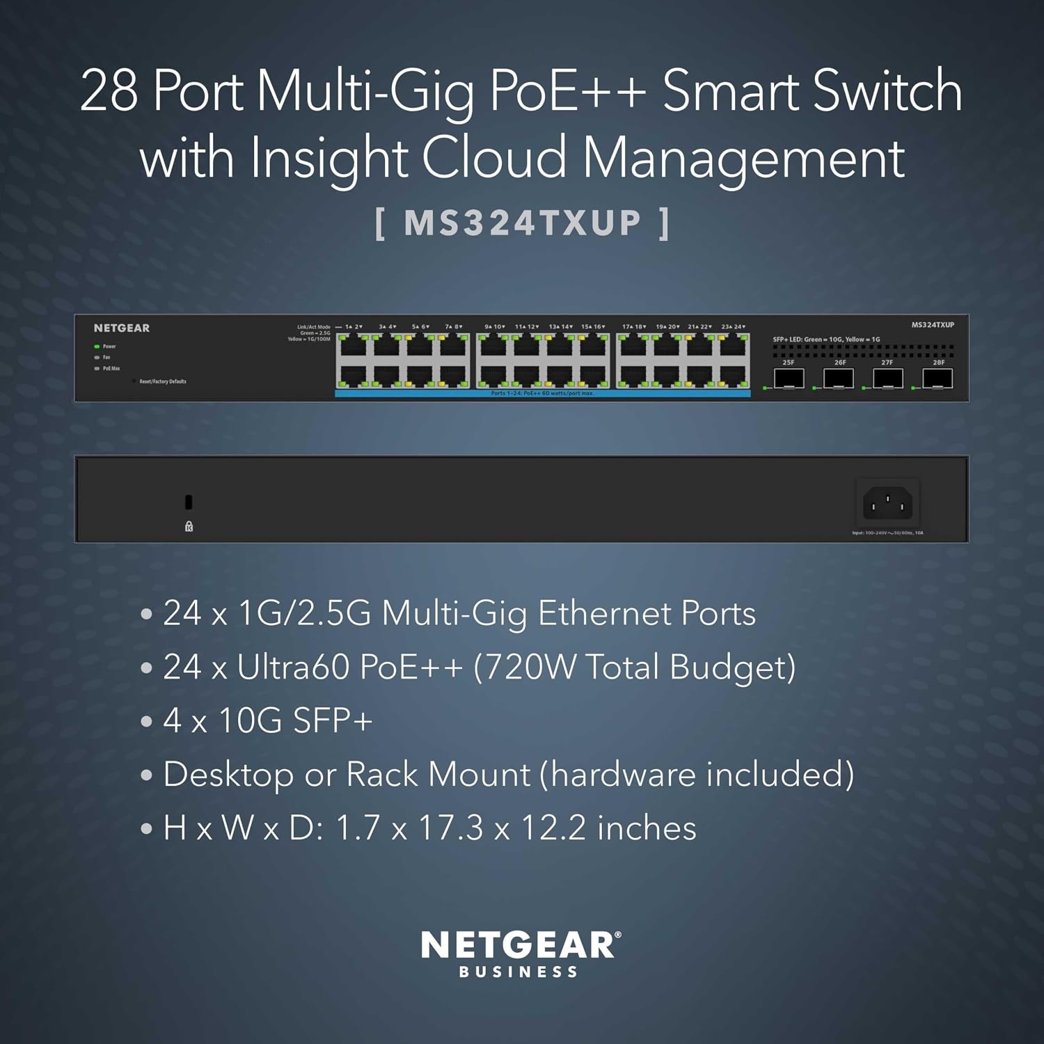 image:imageNETGEAR 28Port Ultra60 PoE MultiGigabit Ethernet Smart Switch MS324TXUP Managed with 24 x PoE 720W 4 x 10G SFP Optional Insight Cloud Management Desktop or Rack Mount Renewed