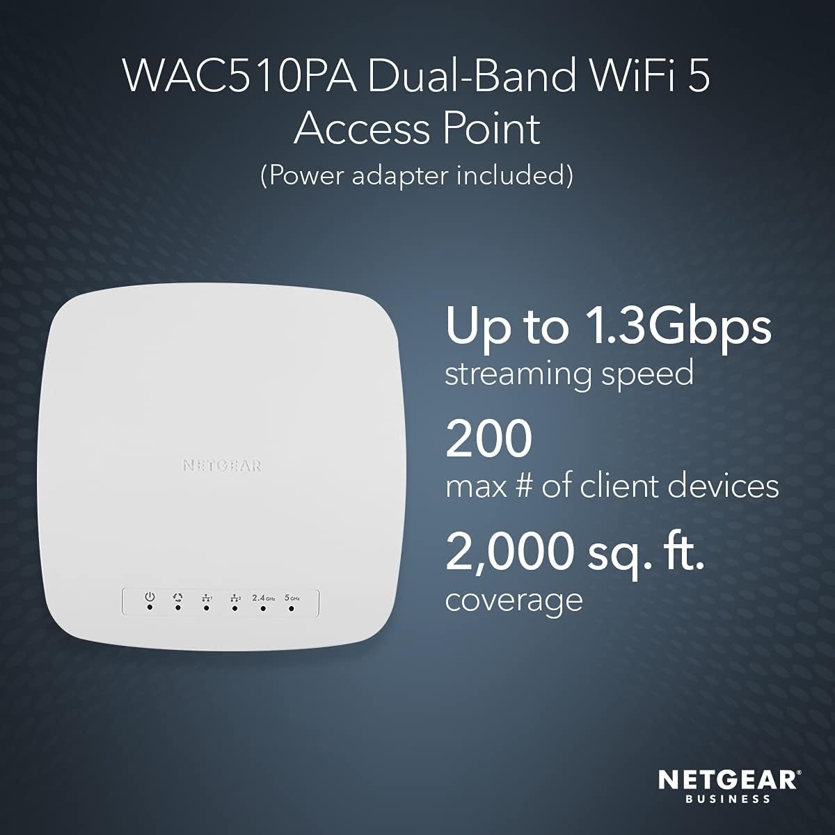 image:imageNETGEAR Wireless Access Point WAC510PA DualBand AC1300 WiFi 5 Speed Up to 200 Client Devices1 x 1G Ethernet LAN PortMUMIMO PoE or Included Power Adapter Renewed