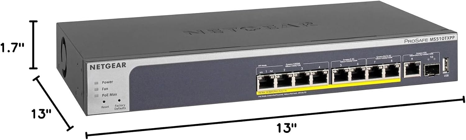 image:imageNETGEAR 10Port PoE 10G MultiGigabit Smart Switch MS510TXPP Managed with 8 x PoE 180W 1 x 10G 1 x 10G SFP Desktop or Rackmount and Limited Lifetime Protection