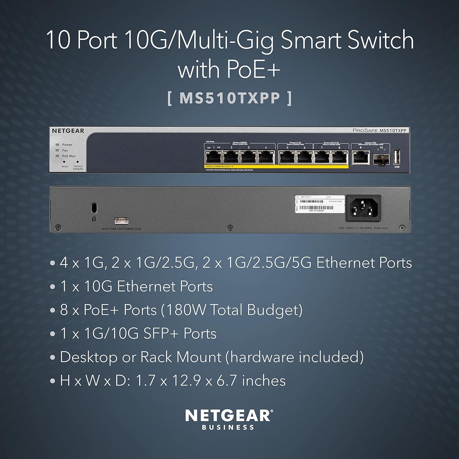 image:imageNETGEAR 10Port PoE 10G MultiGigabit Smart Switch MS510TXPP Managed with 8 x PoE 180W 1 x 10G 1 x 10G SFP Desktop or Rackmount and Limited Lifetime Protection
